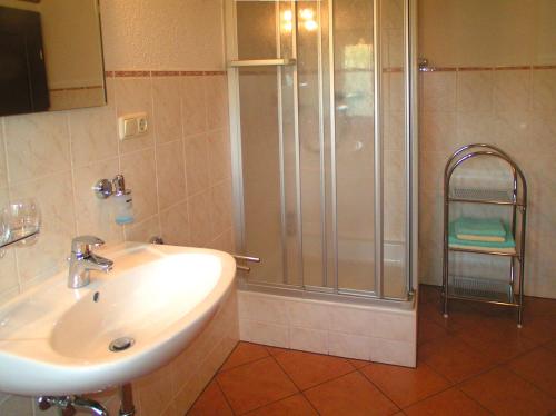 uma casa de banho com um lavatório e um chuveiro em Landhaus Sorgenfrei em Hohnstein