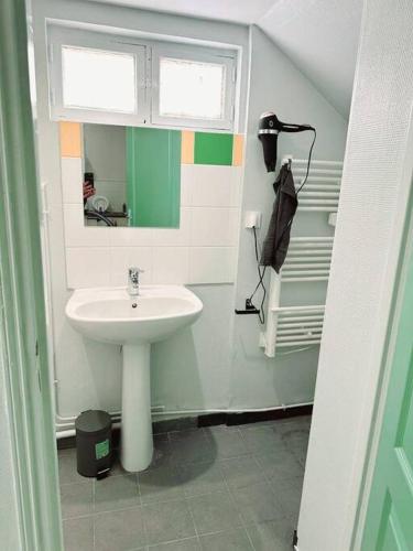 uma casa de banho com um lavatório e um espelho em Porte la chapelle appartement 4 personnes "Appart'5" em Pierrefitte-sur-Seine