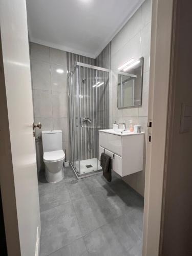 a bathroom with a toilet and a sink and a shower at Casa do Mar in Sesimbra