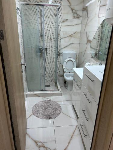ein Badezimmer mit Toilette und Glasdusche in der Unterkunft Lena 4 Apartmens in Subotica