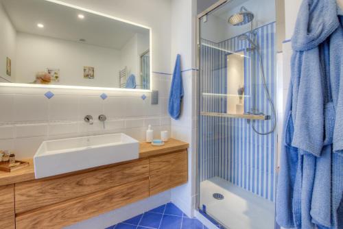 ein Bad mit einem Waschbecken und einer Dusche in der Unterkunft Palais Miramar in Cannes