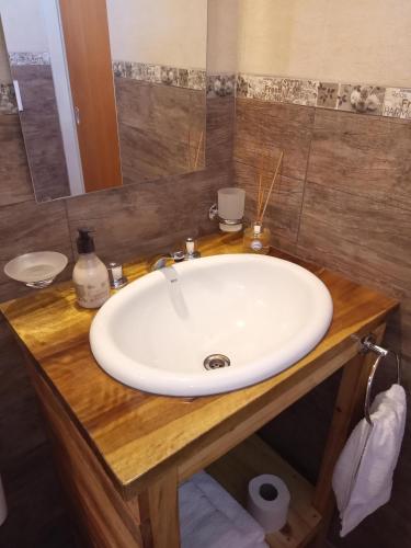 a bathroom with a white sink and a mirror at La Quina. in Villa Rumipal