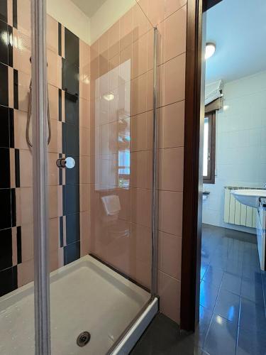 a shower with a glass door in a bathroom at Appartamento Marchesini in Grado
