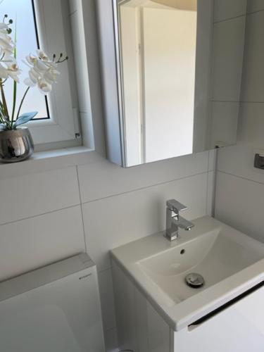 a white bathroom with a sink and a mirror at Ferienwohnungen Marek in Ravelsbach