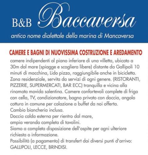 a label for a bottle of bacchanalia at Baccaversa camere in Marina di Mancaversa