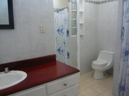 y baño con aseo, lavabo y ducha. en Apart-Hotel River View, en Tegucigalpa