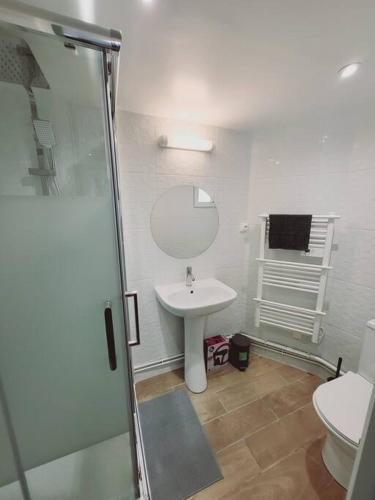 La salle de bains est pourvue d'un lavabo, de toilettes et d'une douche. dans l'établissement Family flat Stade de France airport CDG Le Bourget "Appart'7", à Pierrefitte-sur-Seine