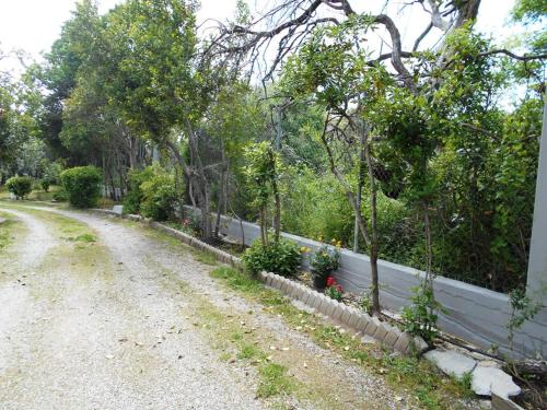 a dirt road with trees and a white fence at ANASTASIA in Mákri