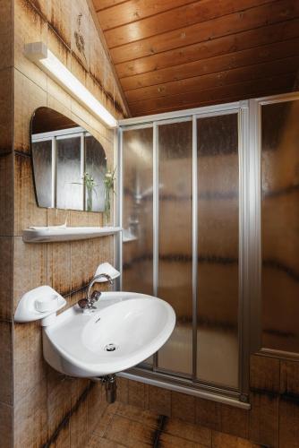 a bathroom with a sink and a shower at Residence Mirabell in Colfosco