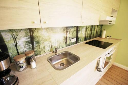 a kitchen with a sink with a painting on the wall at SECRET HIDEAWAYS Wood Lodge mit Kinderzimmer Messe l City l Flughafen l Hbf in Duisburg
