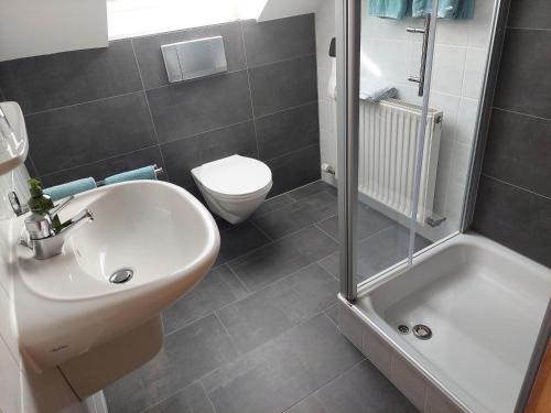 a bathroom with a sink and a toilet and a shower at Ferienwohnung Gästehaus Schmiedel in Bruttig-Fankel