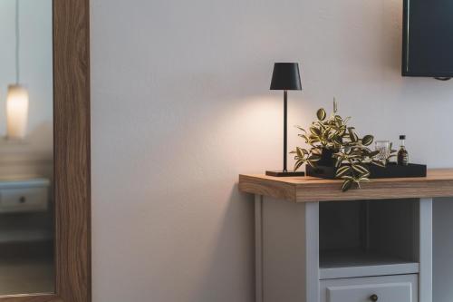 a table with a lamp and a plant on it at Zeus Village Resort - Adults Only in Kato Daratso