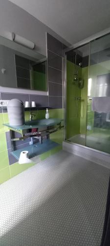 une salle de bain avec une douche en verre et un lavabo dans l'établissement Les ressources d'Epione, à Lamastre