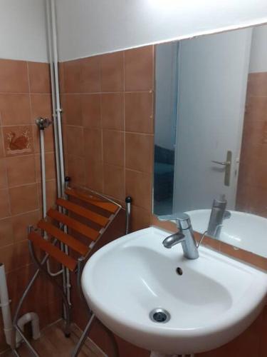 une salle de bain avec un lavabo, un miroir et une baignoire dans l'établissement Appartement 2 chambres à Noisy le grand, à Noisy-le-Grand