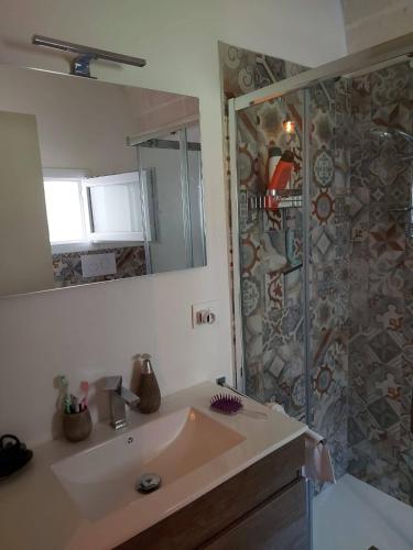 a bathroom with a sink and a shower at Le Pajare B&b in Sava