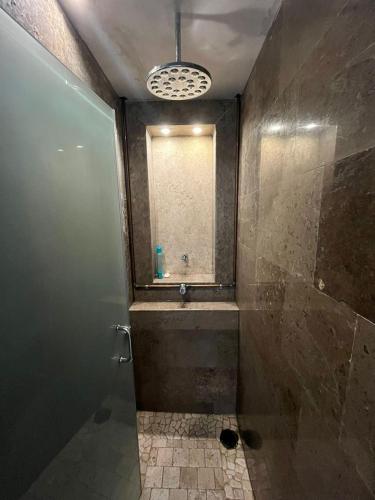 a bathroom with a shower and a sink and a mirror at Agradable Habitación Ojo de agua in Orizaba