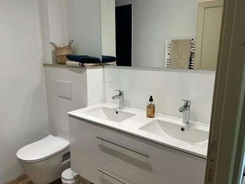 ein Badezimmer mit einem Waschbecken, einem WC und einem Spiegel in der Unterkunft MANOIR DE CLERMONT in Saint-Malo