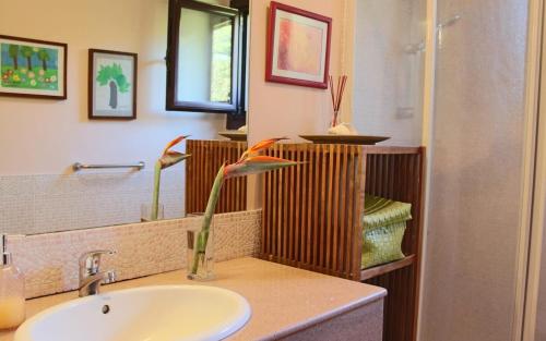 een badkamer met een wastafel en een spiegel bij Espectacular casa a dos minutos de Playa America in Nigrán