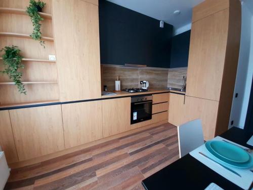 a kitchen with wooden cabinets and a stove at Modern Apartment Near Airport in Chişinău