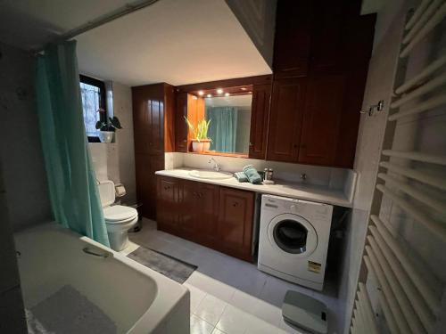 La salle de bains est pourvue d'un lavabo et d'un lave-linge. dans l'établissement Mονοκατοικία - Mεζονέτα, à Athènes