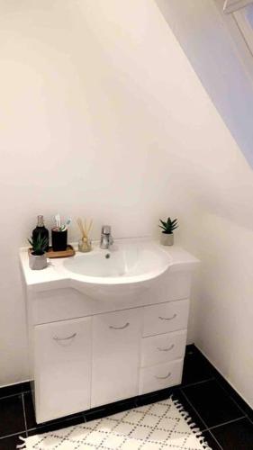 a bathroom with a white sink with potted plants at Big villa in stege near møns klint with trampolin in Stege