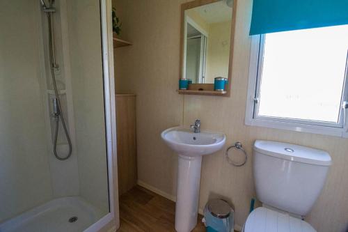 a bathroom with a sink and a toilet and a mirror at 6 Berth Caravan For Hire With Decking At Manor Park In Norfolk Ref 23017s in Hunstanton