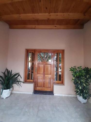 a wooden door in a room with two potted plants at Casa amplia y cómoda in General Alvear