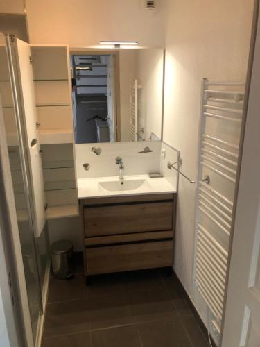 une salle de bain avec un lavabo et un miroir dans l'établissement La Maison de Grazou aux Demeures du Ventoux, à Aubignan