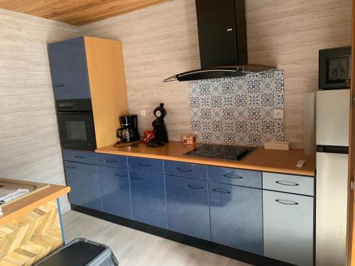 eine Küche mit blauen Schränken und einem weißen Kühlschrank in der Unterkunft Appartement cœur de maurienne 2 in Saint-Étienne-de-Cuines
