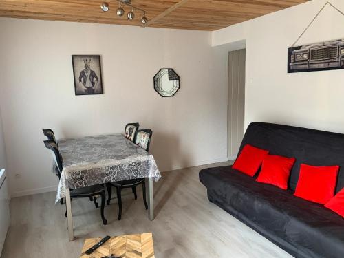 ein Wohnzimmer mit einem Sofa und einem Tisch mit roten Kissen in der Unterkunft Appartement cœur de maurienne 2 in Saint-Étienne-de-Cuines