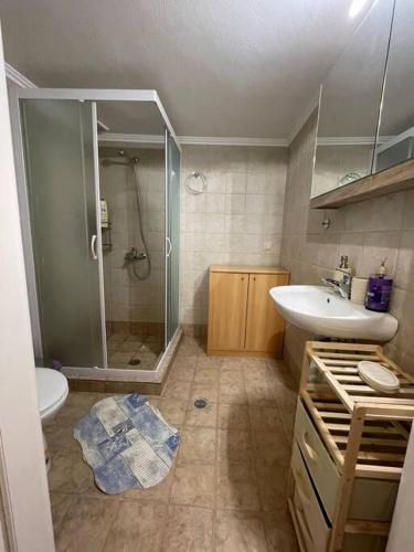 a bathroom with a shower and a toilet and a sink at Πέτρινο εξοχικό στο Δάρα in Daras