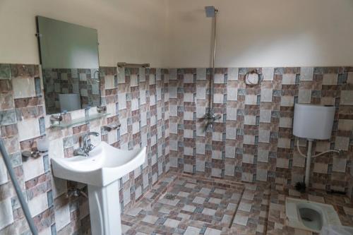 a bathroom with a sink and a mirror at Greenwood Resort Skardu in Skardu
