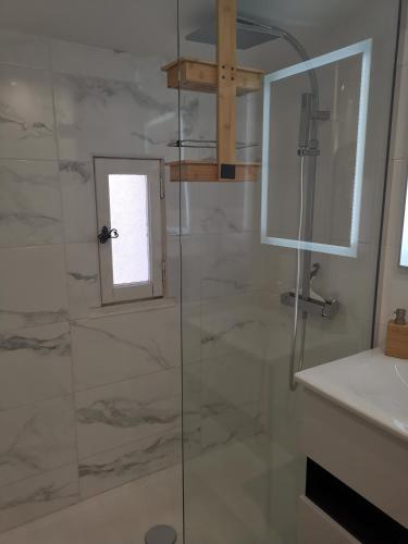 une salle de bain avec une douche avec une porte vitrée dans l'établissement La baie d'Agay, à Saint-Raphaël