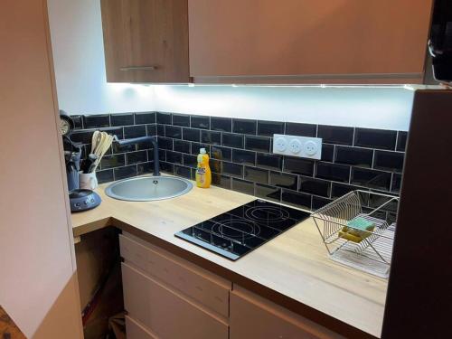 une cuisine avec un évier et un plan de travail dans l'établissement Studio à La Défense (climatisé, parking), à Courbevoie