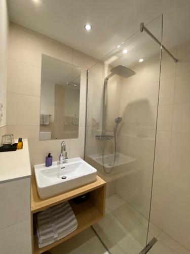 ein Bad mit einem Waschbecken und einer Dusche in der Unterkunft Pension Peterhof in Mörbisch am See