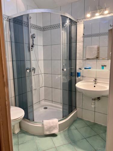 W łazience znajduje się prysznic, toaleta i umywalka. w obiekcie Homies Inn w mieście Celiny