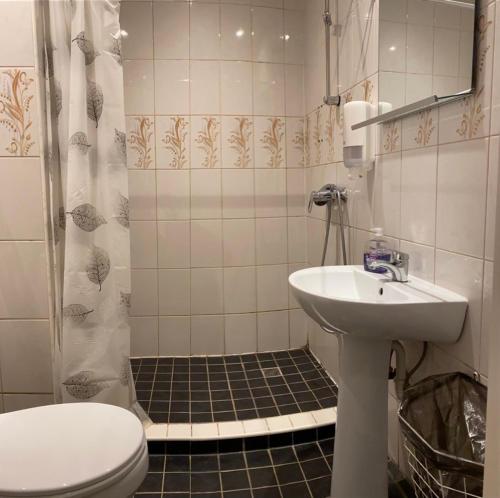 a bathroom with a sink and a toilet and a shower at Aquamarine Hotel - Lauluväljak in Tallinn