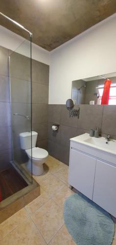 a bathroom with a toilet and a shower and a sink at A-Típica GuestHouse in Ponta Delgada