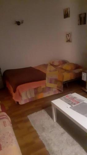 un salon avec deux lits et une table dans l'établissement Charmant studio, à Grosseto-Prugna