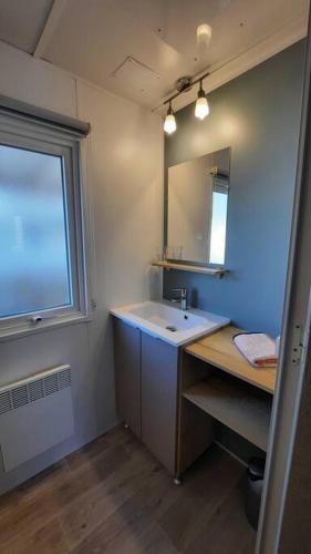 une salle de bain avec un lavabo et un miroir dans l'établissement Mobil-home Loic camping les Dunes de Contis, à Saint-Julien-en-Born