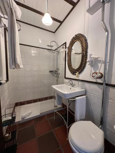 a bathroom with a toilet and a sink and a mirror at ON Acebuchal 23 in El Rocío