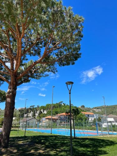 uma árvore num parque com um campo de ténis em Casa Lollo em Chiavari