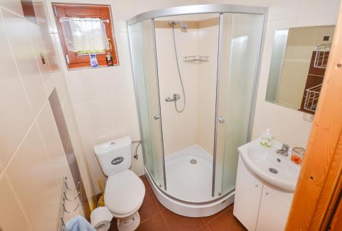 a bathroom with a shower and a toilet and a sink at Domki Bartek in Darłowo