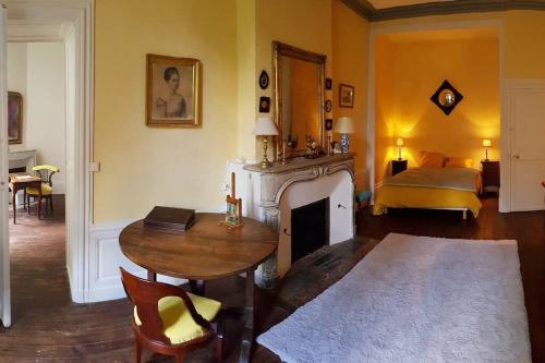 um quarto com uma lareira, uma mesa e uma cama em L'Aile des Moineaux em Cosne Cours sur Loire