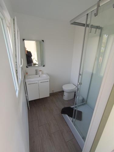 une salle de bain avec une douche, un lavabo et des toilettes dans l'établissement Gîte au calme en Normandie, Forêt de Lyons, à Beauvoir-en-Lyons