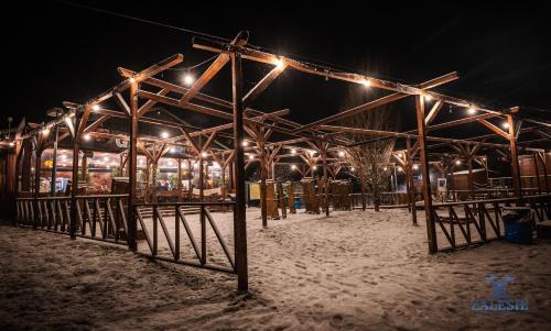 a building with lights in the snow at night at Domki na wodzie - Houseboats Zalesie with sauna in Zalesie