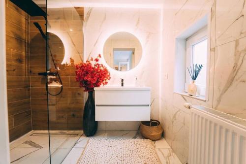 uma casa de banho com um lavatório e um espelho em Zenansa spa privatif em Quaregnon