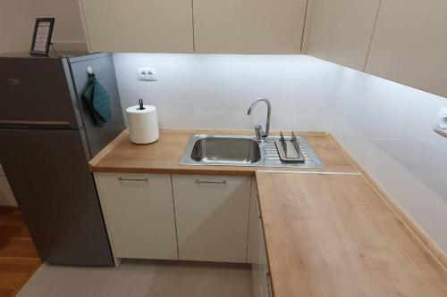 a small kitchen with a sink and a refrigerator at Skopje home 5 in Skopje