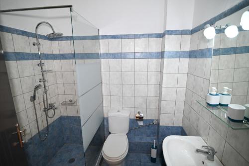 a bathroom with a shower and a toilet and a sink at THE WHOLE PACKET Β3 center with parking in Larisa