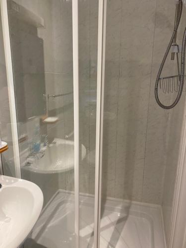 a bathroom with a shower and a sink at The Palms Guest house in Torquay